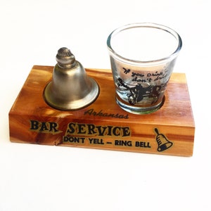 Vintage Arkansas Bell, Shot Glass and Wooden Holder image 1