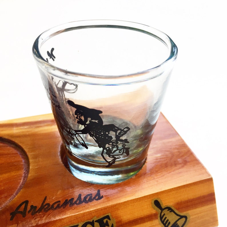 Vintage Arkansas Bell, Shot Glass and Wooden Holder image 3