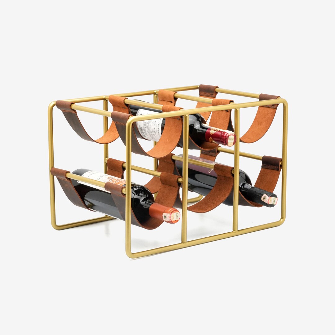 Leather & Brass Colored Wine Rack – 6 Bottle Holder, Handmade Wine ...