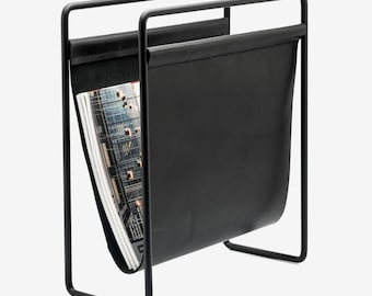 Black Leather Magazine Holder, Matte Black Steel Rack, Laptop & Newspaper Holder, Personalized Industrial Organizer