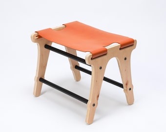 Wooden Ottoman with Leather Seat, Backless Leather Stool, Handmade Pouf, Rustic Footrest