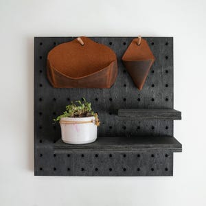 Wall Mounted Pegboard Organizer, Handmade Wooden Storage Panel with Hooks, Shelves & Leather Pouches, Black Home Office Decor