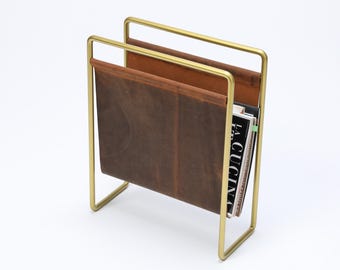 Porta riviste in pelle, porta riviste in pelle e acciaio color ottone, porta laptop e giornali, regalo personalizzato