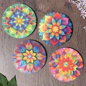 Kaleidoscope Ceramic Coasters, Set of 4, Absorbent, Round with Cork Backing, Colorful, Home Decor, Housewarming Gift, Mother&#39;s Day Gift