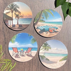 Beach Ceramic Coasters, Set of 4, Absorbent, Round with Cork Backing, Beach Decor, Home Decor, Housewarming Gift, Mother&#39;s Day Gift