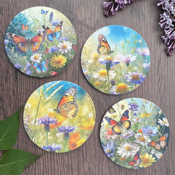 Butterfly Ceramic Coasters: Absorbent Drink Coasters with Cork Back (Set of 4)