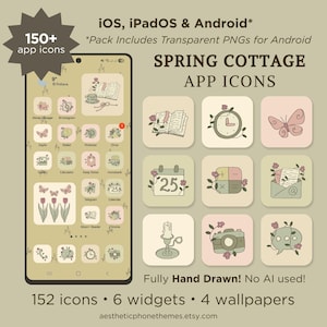 May include: A phone screen showing Spring Cottage app icons, including a book, clock, butterfly, calendar, calculator, envelope, candle, camera, and chat bubble. The image also includes the text "150+ app icons" and "Fully Hand Drawn! No AI used!"