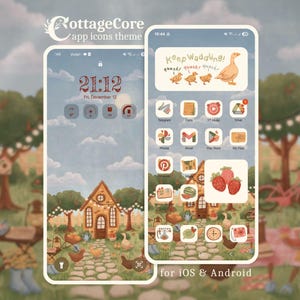 Peut inclure: Un thème d'interface pour téléphone mobile affichant une esthétique cottagecore aux couleurs pastel douces. L'écran présente des icônes d'applications personnalisées, un widget avec une oie et le texte Keep Waddling, sur un fond de jardin.