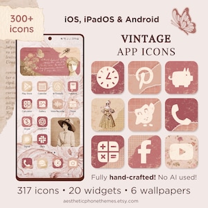 May include: Aesthetic phone themes featuring vintage app icons, widgets, and wallpapers. The image shows a phone screen with custom app icons in a soft pink and beige color scheme. The text reads "VINTAGE APP ICONS" and "Fully hand-crafted! No AI used!"