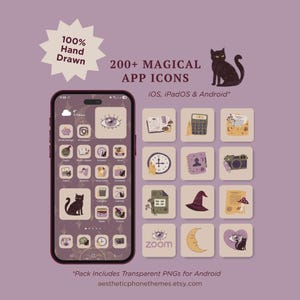 Peut inclure: Écran de smartphone affichant des icônes d'applications personnalisées sur le thème de la magie. Les icônes incluent un chat noir, un œil, un chapeau de sorcière et un croissant de lune. Le texte indique "200+ MAGICAL APP ICONS" et "100% Hand Drawn".