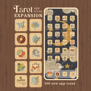 May include: A digital collection of Tarot app icons expansion featuring 100 new app icons. The display shows a smartphone screen with a dark celestial background, a large crescent moon, and various custom icons in a muted, vintage colour palette.