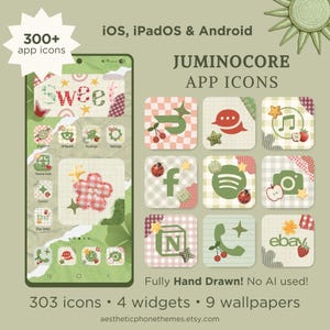 Peut inclure: Un produit numérique présentant des icônes d'applications, des widgets et des fonds d'écran pour iOS, iPadOS et Android. Les icônes ont une esthétique patchwork avec divers motifs, dont des cerises, des étoiles et des coccinelles. Le texte indique "JUMINOCORE APP ICONS".