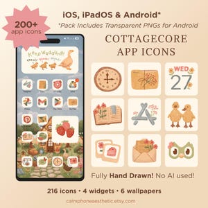 Cottagecore App Icons: 200+ Hand-Drawn iOS + Android Theme (Digital Download)