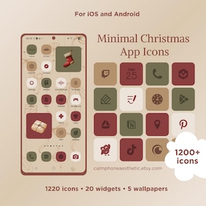 Op de afbeelding: Minimale kerst-app-pictogrammen voor iOS en Android. De afbeelding toont een telefoonscherm met app-pictogrammen en een raster van kerstthema-pictogrammen in rood, groen en beige. De tekst bevat "1200+ pictogrammen" en de Etsy shop URL.
