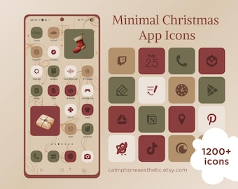 May include: Minimal Christmas app icons for iOS and Android. The image shows a phone screen with app icons and a grid of Christmas-themed icons in shades of red, green, and beige. The text includes "1200+ icons" and the Etsy shop URL.