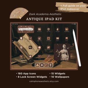 May include: An iPad screen displaying a Dark Academia aesthetic theme, featuring antique app icons, widgets, and wallpapers. The image includes the text "ANTIQUE IPAD KIT", "Per aspera ad astra", and details about the kit's contents.