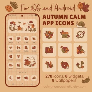 Może przedstawiać: Ekran telefonu wyświetla zestaw ikon aplikacji w jesiennej tematyce. Ikony przedstawiają ilustracje grzybów, ślimaków i liści w ciepłych odcieniach. Tekst głosi "Autumn Calm App Icons" i "For iOS and Android". Zestaw zawiera 278 ikon, 8 widżetów i 8 tapet.
