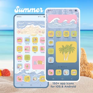 May include: Two smartphones displaying a summer-themed app icon set. The screens show pastel colors, beach imagery, and the word "Summer." The text "150+ app icons for iOS & Android" is also visible.