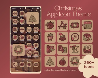 May include: A phone screen displays a Christmas app icon theme with festive icons, including a Christmas tree, wreath, and ornaments. The theme includes 263 icons, 12 widgets, and 10 wallpapers. The background is a reddish-brown color.