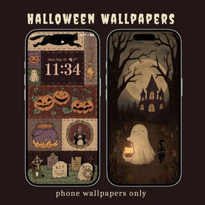 May include: Two smartphones displaying Halloween wallpapers. The left screen features a grid of illustrations including a black cat, pumpkins, a cauldron, and tombstones. The right screen shows a ghost holding a lantern near a haunted house.