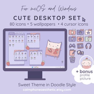 May include: A computer screen displaying a desktop theme with a cute cat and strawberry design. The theme includes 80 icons, 5 wallpapers, and 4 cursor icons. The text on the screen reads "For macOS and Windows CUTE DESKTOP SET 80 icons 5 wallpapers 4 cursor icons Sweet Theme in Doodle Style calmphoneaesthetic.etsy.com + bonus profile picture"