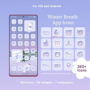 May include: A smartphone screen displaying a winter-themed app icon pack. The icons are in shades of blue and white, with snowmen and winter scenes. The text reads "Winter Breath App Icons" and "For iOS and Android". The Etsy shop URL is also visible.