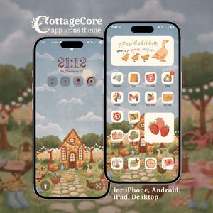 May include: Two smartphones displaying a digital app icon theme with a cottagecore aesthetic. The screens feature a soft-toned illustration of a house, garden, and geese, with custom icons for various apps and the text Keep Waddling.