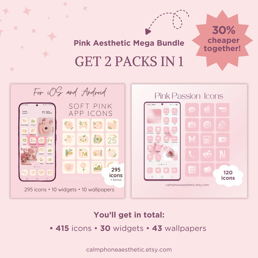Pink App Ios Pink App Icons Bundle - Ios 18, Android Widgets, Wallpapers, 2-in-1 ...