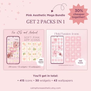May include: Pink aesthetic mega bundle graphic with the text "GET 2 PACKS IN 1". The image shows two phone mockups with soft pink app icons. The bundle includes 415 icons, 30 widgets, and 43 wallpapers.
