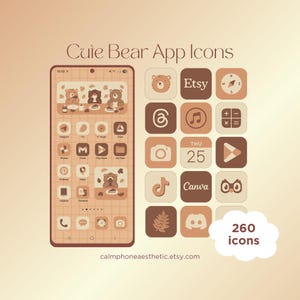 May include: A phone screen displaying a custom app icon set with a bear theme. The icons are in shades of brown and beige, with a cute bear illustration. The image also shows a set of 260 icons and the Etsy shop URL.