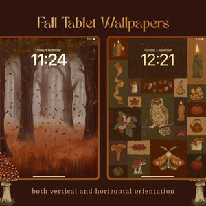 May include: Two digital tablet wallpapers titled Fall Tablet Wallpapers. The left screen shows a forest with falling leaves. The right screen displays a grid of autumn-themed illustrations including an owl, mushrooms, candles, and a moth.