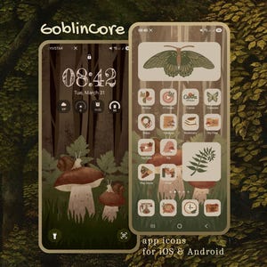 Puede incluir: Una pantalla digital de interfaz de teléfono inteligente con una estética de bosque que incluye ilustraciones de hongos y caracoles. La pantalla muestra iconos de aplicaciones personalizados, un gráfico de polilla y un widget de helecho.