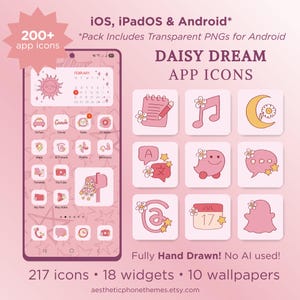Può includere: Grafica digitale rosa con icone di app, widget e sfondi. Il tema "Daisy Dream" presenta accenti di margherite. L'immagine mostra uno schermo del telefono con icone di app e un calendario, oltre a ulteriori design di icone.