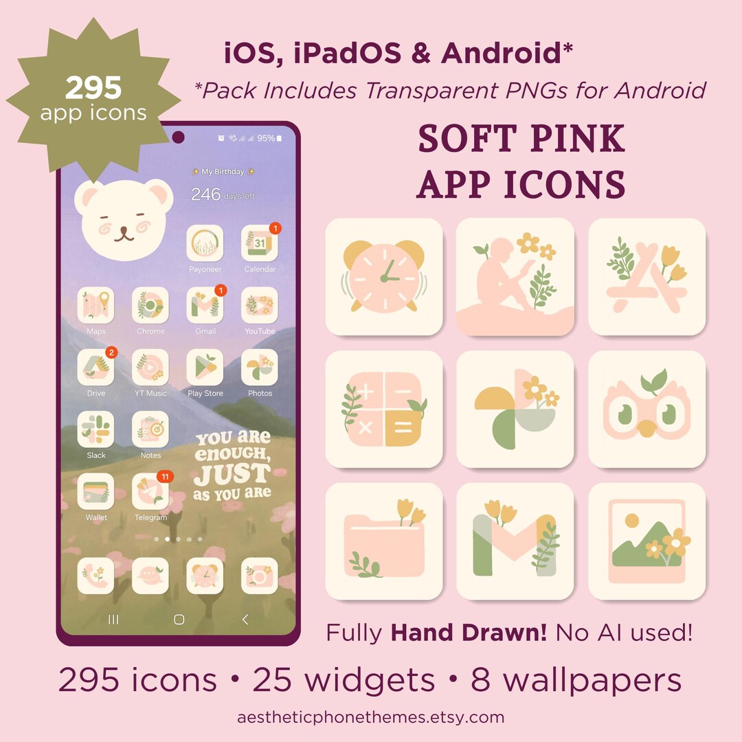 Pastel Pink App Icons: Soft Ios Icon Theme, Android Homescreen | 295 ...