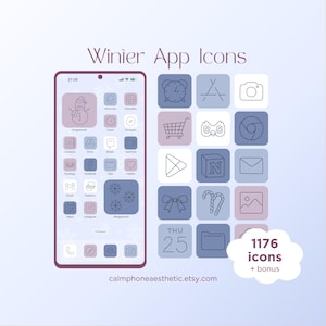 May include: A digital art display of winter-themed app icons in a soft color palette. The image features a smartphone screen with custom icons and a grid of matching icons. Text includes "Winter App Icons", "1176 icons + bonus", and a website address.