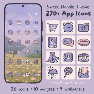 Puede incluir: Una pantalla de teléfono con un fondo morado y un tema de iconos de estilo doodle. Los iconos están en un patrón de cuadrícula e incluyen un carrito de compras, un reloj despertador, una carpeta, un corazón, un globo de diálogo, una dona, una bolsa de dinero, un cuaderno, una cámara, una nube, una piruleta y un sobre. El texto "Sweet Doodle Theme 270+ App Icons" está en la parte superior de la imagen. El texto "CalmPhoneAesthetic" está en la parte inferior de la imagen. El texto "261 icons 10 widgets 5 wallpapers" está en la parte inferior de la imagen.