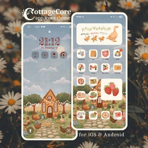 Könnte beinhalten: Ein digitales Handy-Interface-Thema mit Cottagecore-Ästhetik, benutzerdefinierten App-Symbolen, einem Gänse-Widget mit dem Text Keep Waddling! quack! quack! quack! sowie einer Hintergrundillustration mit einem Haus, Garten und Tieren.