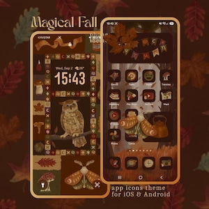 Peut inclure: Un thème de téléphone numérique intitulé Magical Fall présentant une palette de couleurs marron avec des feuilles d'automne, un hibou, un papillon de nuit et des champignons. L'interface affiche des icônes d'applications personnalisées.