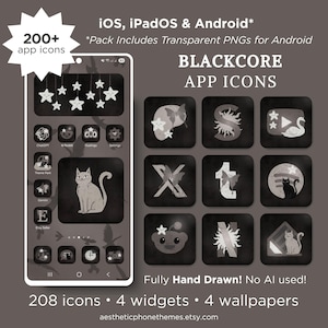 Könnte beinhalten: Blackcore App-Icons für iOS, iPadOS & Android. Das Bild zeigt ein Telefon mit App-Icons, Widgets und Hintergrundbildern. Die Icons sind handgezeichnet und zeigen eine Katze, Sterne und andere Designs. Das Paket enthält 208 Icons, 4 Widgets und 4 Hintergrundbilder.