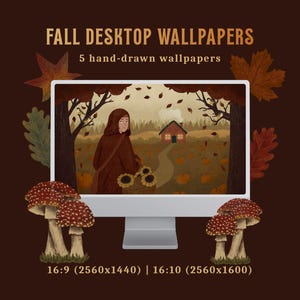 Op de afbeelding: Een computermonitor met een digitale illustratie van een persoon in een bruine mantel die door een pompoenveld naar een huis loopt. De tekst luidt FALL DESKTOP WALLPAPERS, 5 hand-drawn wallpapers, 16:9 (2560x1440) | 16:10 (2560x1600).