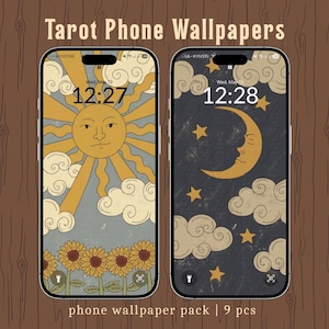 May include: Two smartphones displaying digital tarot-themed wallpapers. The left screen shows a sun with a face, clouds, and sunflowers on a blue background. The right screen shows a crescent moon, stars, and clouds on a dark gray background.