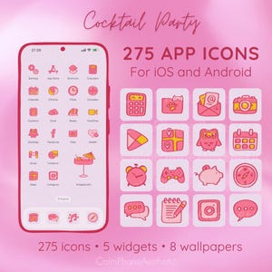 Pink App Icons, Android Aesthetic Icons, iPhone Theme Packs, Cute iOS Icons, Colorful App Icons, Hand Drawn, Cocktail Party App Icon Pack