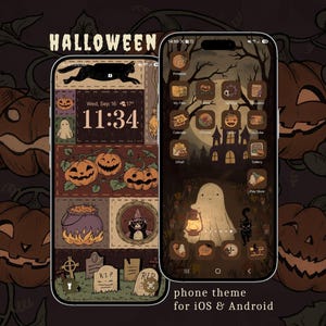 Op de afbeelding: Een digitaal telefoon-thema voor iOS en Android met een Halloween-esthetiek. Het scherm toont een vergrendelscherm met een zwarte kat, pompoenen, een ketel en grafstenen, en een startscherm met aangepaste app-pictogrammen en een spook.