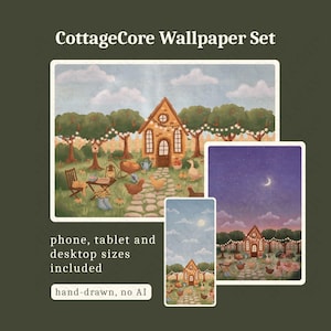 May include: A CottageCore Wallpaper Set featuring digital illustrations of a house with a stone path, trees, and animals. The set includes phone, tablet, and desktop sizes. Text on the image reads: CottageCore Wallpaper Set, phone, tablet and desktop sizes included, hand-drawn, no AI.