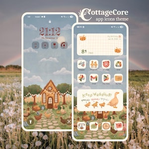 May include: Two smartphone screens displaying a "CottageCore" app icon theme. The screens show a whimsical design with a house, chickens, and ducks. The background features a rainbow over a field of flowers.