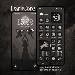 May include: Two smartphone screens displaying a DarkCore theme with a monochromatic gray and black color palette. The left screen shows a lock screen with a silhouette of a figure holding a sword, while the right screen features custom app icons.