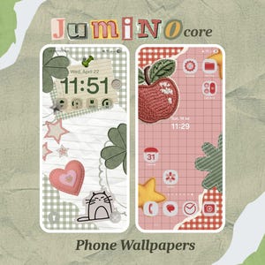 May include: Two digital phone wallpapers featuring a collage aesthetic with the text Jumino core and Phone Wallpapers. The left screen displays a green clover, heart, and cat illustration on lined paper. The right screen shows a red apple patch.