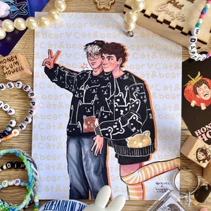 dan and phil phanart print a5 - cute cat and bear digital fanart artprint