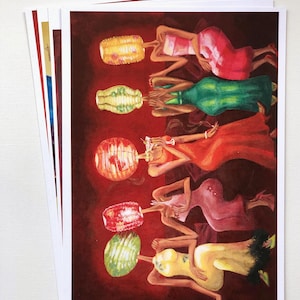 May include: A stack of art prints showing a watercolour painting of figures in colourful dresses, each holding a stylised lantern. The lanterns are yellow, green, red, and pink. The background is a deep red.