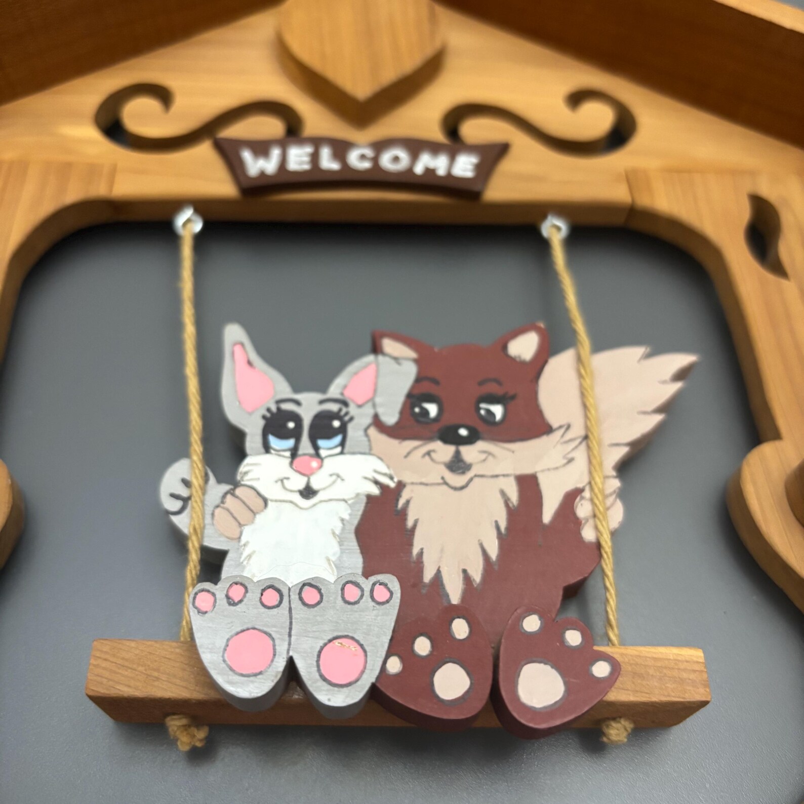 Welcome Sign Wall Decor Wood Cutout Fox and Hare on the Swing Rustic ...